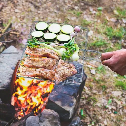 Miniatura 4 de Happyyami Barbacoa de acero inoxidable cesta de pescado de 14.96 x 8.66 pulgadas, abrazadera de red portátil al aire libre para acampar fiesta