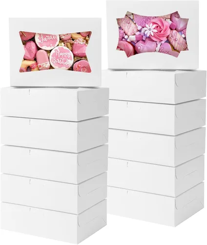 TOMNK 50 cajas de galletas con ventana, 8 x 6 x 2.5 pulgadas, cajas de panadería con ventana de 2 estilos para golosinas, fresas cubiertas de