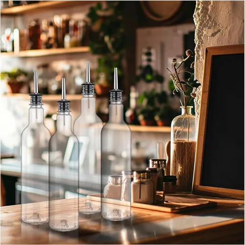 Miniatura 8 de 8 juegos de botellas de plástico de 25 onzas, botellas de jugo de jarabe de cuello largo con vertedor y tapas, recipiente de plástico a prueba