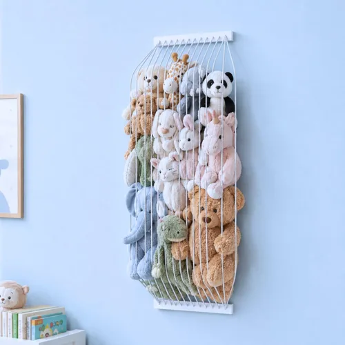 Miniatura 13 de Organizador de juguetes de madera suave para almacenamiento de animales de peluche, bonito y duradero para pared o puerta, longitud ajustable