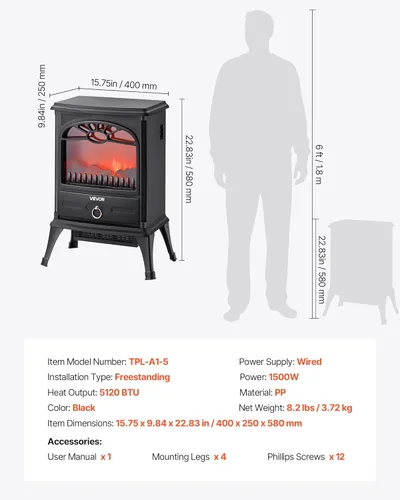 Miniatura 7 de VEVOR Chimeneas independientes de 22.8 pulgadas, calentador eléctrico portátil de 1500 W, 5120 BTU, con protección contra sobrecalentamiento, llamas