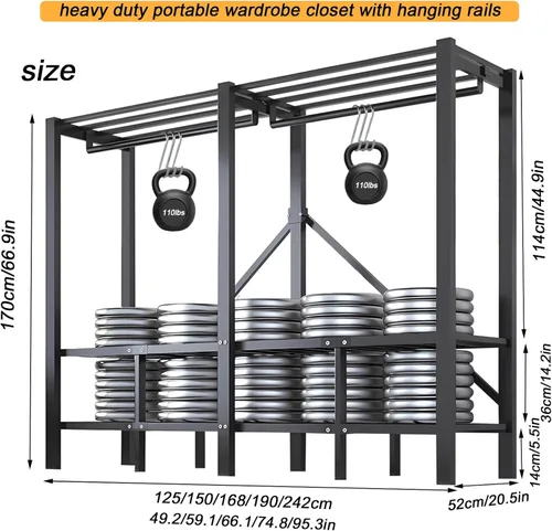 Miniatura 2 de Armario portátil plegable de 59.1 pulgadas para colgar ropa, perchero resistente con cubierta, percheros plegables de metal independientes, armario