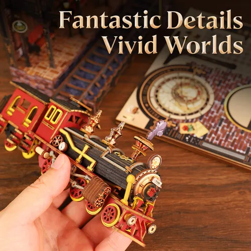 Miniatura 3 de Kit de rincón de libro, kit de casa en miniatura para adultos, rompecabezas LED 3D estación mágica, kit de rincón de libros, fabricado en madera