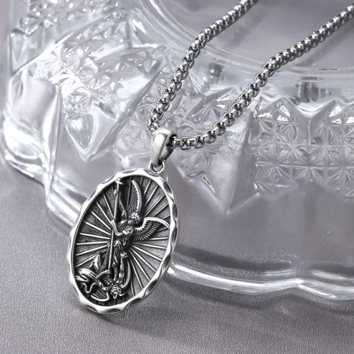 Miniatura 2 de Odinstone Collar de plata de ley 925 con medalla de San MiguelSan CristóbalSan BenitoCrucifijo de JesúsSan UrielArcángel Rafael para hombres