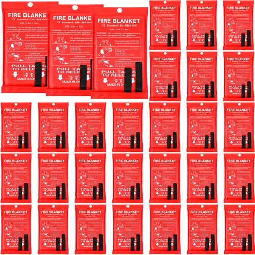 Macarrie Paquete de 30 mantas contra incendios de 39 x 39 pulgadas, manta de emergencia para el hogar y la cocina, manta extintora de fibra de Rojo