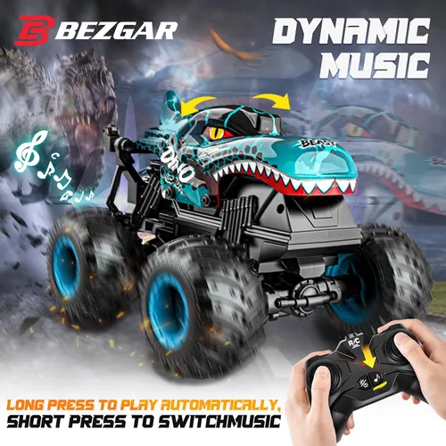 Miniatura 5 de BEZGAR Monster Truck Toys - Camiones monstruo a control remoto con luz y música, juguetes de dinosaurios para niños, camión RC a escala 1:20 con Dos
