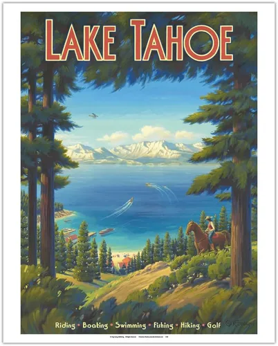 Miniatura 9 de Kerne Erickson - Póster de viaje vintage de Kerne Erickson Lake Tahoe California, equitación, barco, natación, pesca, senderismo, golf, impresión