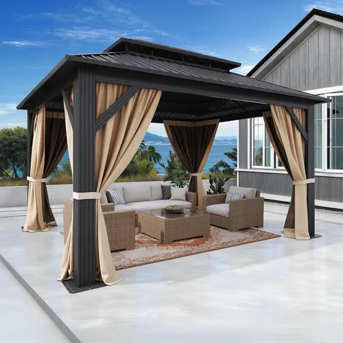 Miniatura 11 de DWVO Gazebo de techo rígido de 10 x 10 pies, techo doble con redes y cortinas, techo de rayas verticales de acero galvanizado resistente para patio