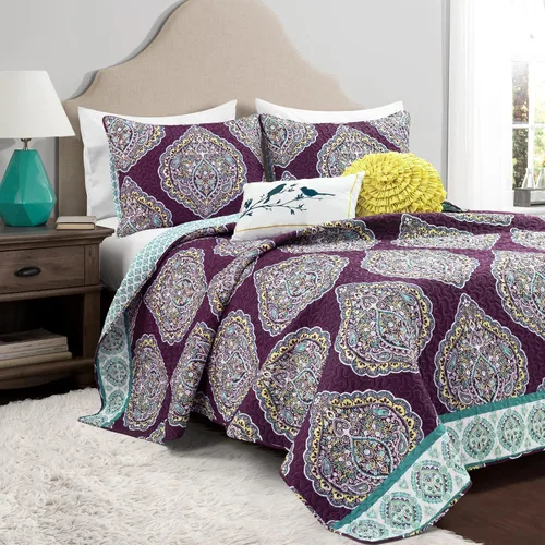 Lush Decor Harley - Juego de edredón de 5 piezas, matrimonial/queen, morado y turquesa