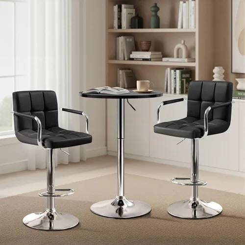 Miniatura 6 de Yaheetech Mesa redonda de bar de 3 piezas y sillas giratorias ajustables de piel sintética, juego de mesa moderno de altura de mostrador con 2 Negro