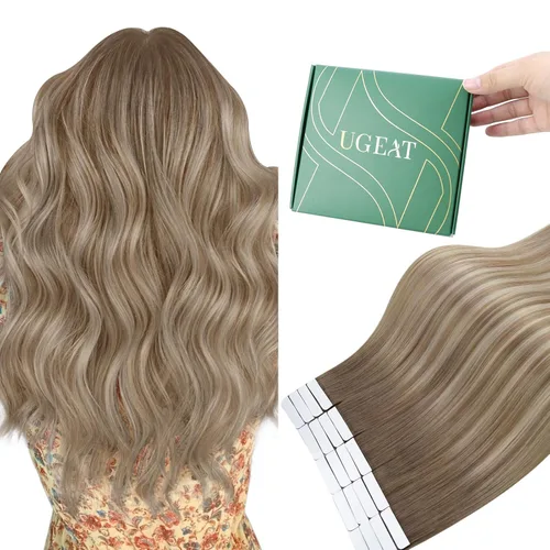 Miniatura 20 de Ugeat - Extensiones de cabello humano con cinta adhesiva, color marrón, extensiones de cabello humano, color marrón oscuro a rubio caramelo, Cinta