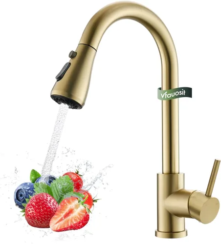 Miniatura 26 de VFAUOSIT - Grifo de cocina con rociador extraíble, grifo de fregadero de cocina sin plomo, níquel cepillado, acero inoxidable, arco alto, extracción