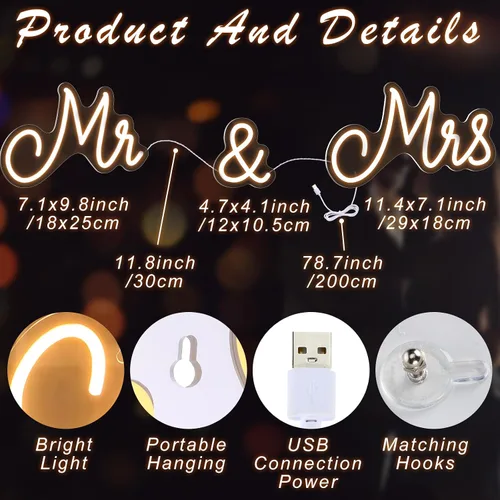 Miniatura 2 de Letrero de neón Mr and Mrs para boda de 25 x 7 pulgadas, luz de neón LED, fondo de pared, decoración de recepción de boda USB, regalos para Blanco