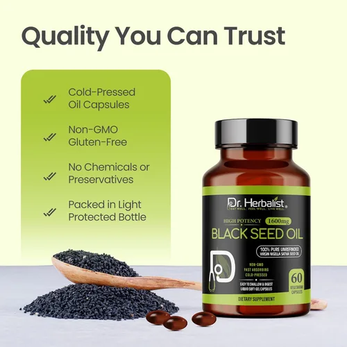 Miniatura 11 de Dr. HERBALIST Cápsulas de aceite de semilla negra de 1600 mg - Aceite de semilla de comino negro prensado en frío, Nigella Sativa - 60 cápsulas