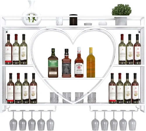 Miniatura 8 de Floating Wine Rack with Glass Holder and Heart Shaped Shelves Gold Wine Display Stand for Living Room or Wine Cellar Holds Liquor Bottles and Wine