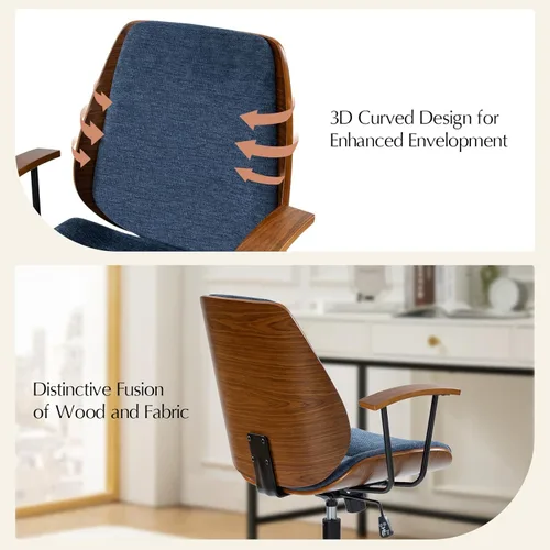 Miniatura 7 de HULALA HOME Silla de oficina de madera maciza con función de balanceo, silla de escritorio de tela cómoda con base de madera curvada y metal, silla