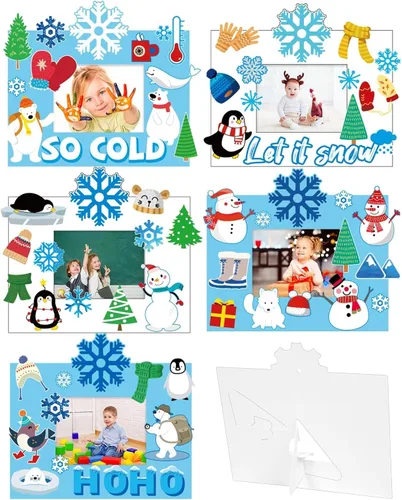 Paquete de 30 manualidades de invierno para niños, marco de fotos de invierno con caballete, copos de nieve de Navidad, kit de manualidades con