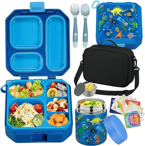 Miniatura 11 de wiwens Lonchera Bento para Niños con Termo para Sopa de 12 oz a Prueba de Fugas, Contenedor de Comida para Almuerzo con 5 Compartimentos, Frasco