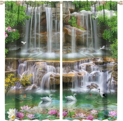 Miniatura 41 de Cortina opaca de bosque de verano, diseño de ramas de bosque, con bolsillo para barra, cortinas farbic con bolsillo para barra, comedor, cafetería