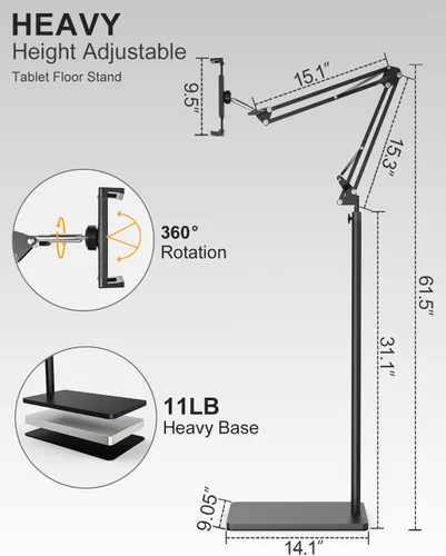 Miniatura 4 de Soporte de suelo para tablet con base estable de 11 libras y abrazadera de escritorio, brazo giratorio de altura ajustable, compatible con iPhone