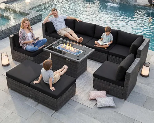 Miniatura 25 de BULEXYARD Juego de 7 piezas de sofá seccional para exteriores con respaldo alto, mesa para fogatas, juego de muebles de patio de mimbre resistente a