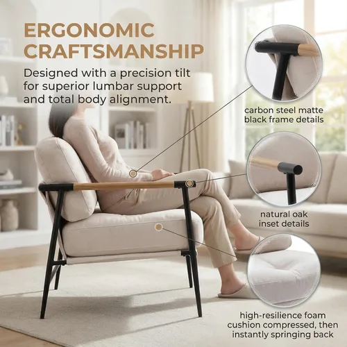Miniatura 4 de DUOMAY Silla decorativa moderna de chenilla, tapizada, color beige, con patas de metal, cómoda y ligera, para sala de estar, sillón para lectura