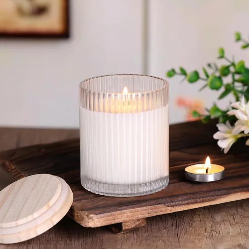 Miniatura 3 de sunnyfuture Juego de 8 tarros de vela transparentes de 10 onzas para hacer velas, tarros de vela de vidrio acanalado con tapas de madera
