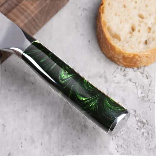 Miniatura 5 de SENKEN - Cuchillo japonés Kiritsuke de 9 pulgadas con asas de resina verde esmeralda, cuchillo de chef japonés grabado para el hogar, cocina