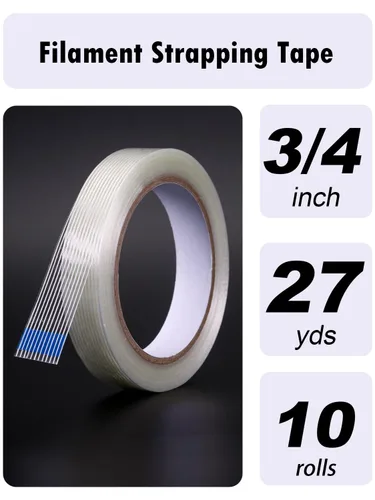 Miniatura 2 de Paquete de 10 cintas de fleje de filamentos de 3/4 pulgadas x 27 yardas, 270 yardas en total, embalaje reforzado de fibra de vidrio transparente