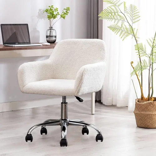 Silla moderna de piel sintética para oficina en casa, silla tapizada de piel sintética, bonita silla de escritorio peluda blanca con ruedas y base