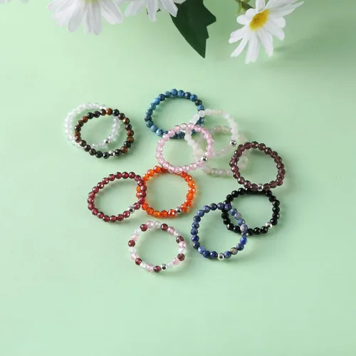 Miniatura 5 de Tsnamer Anillo de cuentas de cristal, piedras preciosas facetadas naturales, ojo de tigre, cuarzo rosa, amatista, minimalista, apilable, anillo