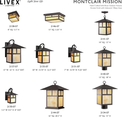 Miniatura 6 de Livex Lighting 2133-07 Montclair Mission - Farol de pared de latón macizo con acabado de bronce para exteriores con vidrio Tiffany iridiscente