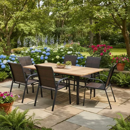 Miniatura 4 de Tangkula Juego de 6 sillas de comedor apilables de mimbre para patio, sillas de comedor de ratán de polietileno para exteriores con marco de metal