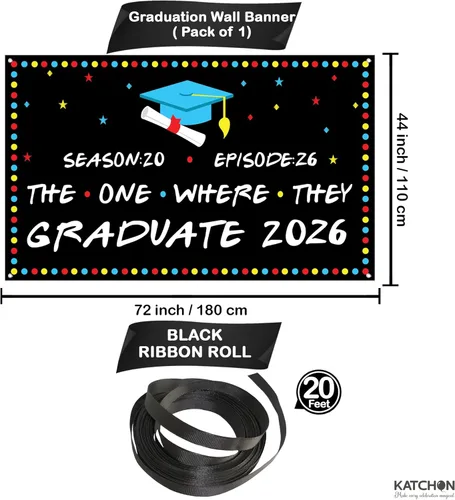 Miniatura 3 de KatchOn, Telón de fondo The One Where They Graduate 2026 – Xtragrande, 72 x 44 pulgadas, pancarta de graduación clase de 2026, decoraciones de Negro