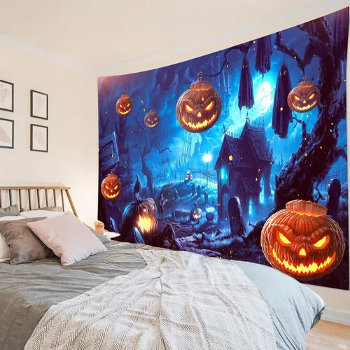 Miniatura 29 de HVEST Tapiz de noche de Halloween, tapiz para colgar en la pared, bosque embrujado con tumba y calabazas, manta de pared para dormitorio, sala