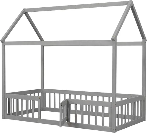 Miniatura 6 de Cama de casa individual para niños con barandillas de valla, marco de cama Montessori de madera tamaño individual con puerta pequeña para niños