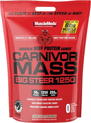 MuscleMeds Carnivor Mass Chocolate Big Steer 1250, 15 libras (el embalaje puede variar)