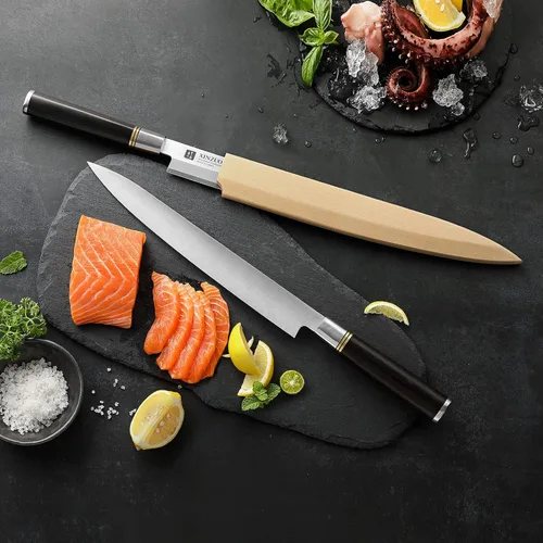 Miniatura 8 de XINZUO Cuchillo Yanagiba de 11 pulgadas X7Cr17MoV de acero forjado, cuchillo de sushi para sashimi, hoja de un solo filo, cuchillo de chef