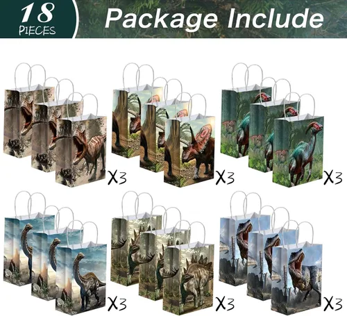 Miniatura 3 de Funrous Bolsas de regalo de fiesta de dinosaurio con asas, bolsas de papel para golosinas con temática de dinosaurio, paquete de papel