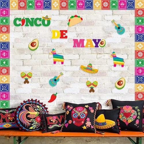 Miniatura 4 de Juego de 82 piezas de decoración de tablón de anuncios del Cinco de Mayo, fiesta mexicana, papel picado, bandera, bordes, tacos de México, llama