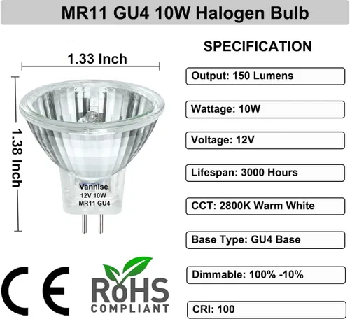 Miniatura 4 de MR11 - Bombilla halógena con base GU4 de 12V 10W, bombillas reflectoras FTD con cubierta de vidrio, bombilla de fibra óptica regulable 2800K blanco