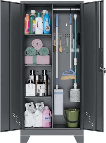 OSEILLC Armario de Almacenamiento de Metal con Puertas con Cerradura, 61" de Alto para Garaje con Barra Colgante, Armario Escobero, Gabinete de