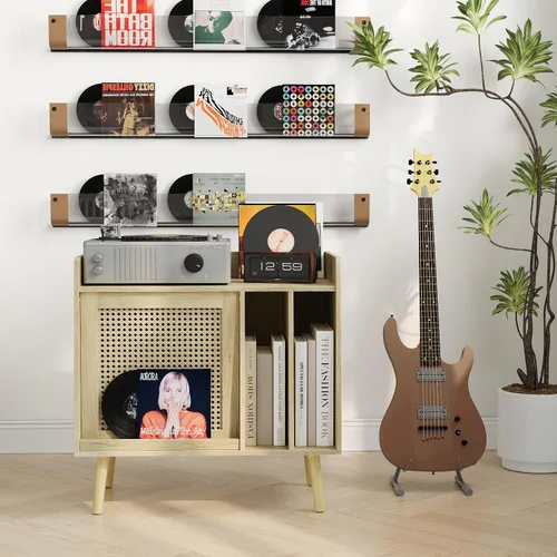 Miniatura 6 de Semiocthome Soporte para tocadiscos con almacenamiento de vinilo, mesa de tocadiscos con estante de almacenamiento, soporte giratorio con puerta