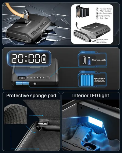 Miniatura 3 de Caja fuerte biométrica grande para pistolas, 100 juegos de huellas dactilares con luz interna y modo silencioso, caja de bloqueo de pistola