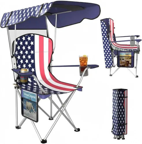 Sillas de Camping Plegables Portátiles con Toldo de Sombra, Silla de Playa para Adultos, Tela Oxford 600D Duradera Resistente a la Intemperie, Silla