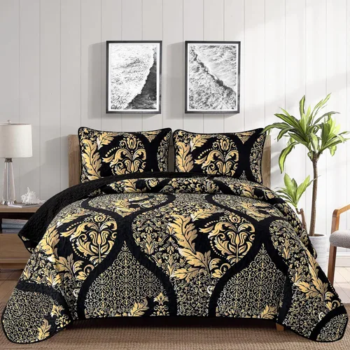 Miniatura 12 de DJY Juego de edredón negro tamaño Queen, juego de colcha de damasco bohemio, juego de ropa de cama de microfibra suave y ligera de 3 piezas