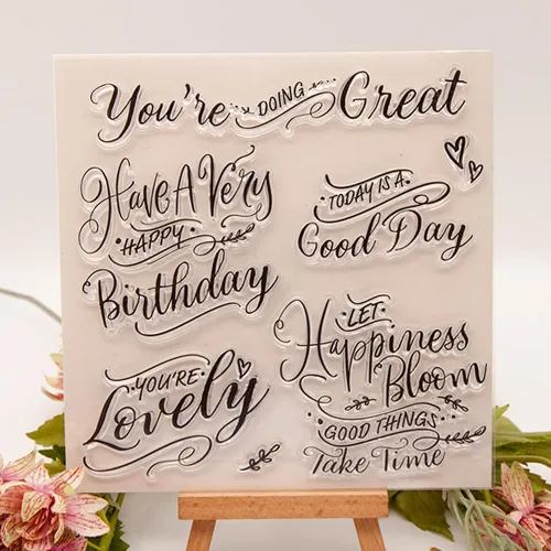 Miniatura 11 de Sellos transparentes de palabras de bendición, diseño de banderines de palabras de felicitación, sellos transparentes de goma de silicona