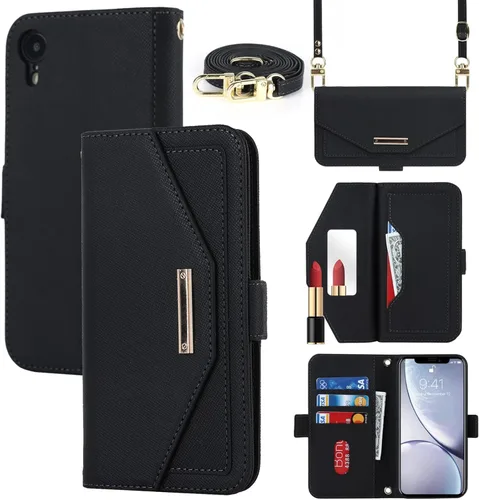 Funda tipo cartera cruzada para iPhone XR con correa de cordón ajustable, soporte para tarjetas de crédito de 6.1 pulgadas, bolso de mano de piel