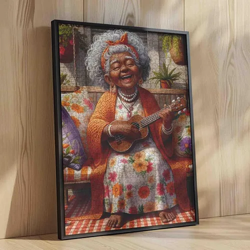 Miniatura 4 de Rompecabezas de 1000 piezas de anciana afroamericana para adultos, abuela tocando la guitarra, rompecabezas para actividades familiares desafiantes