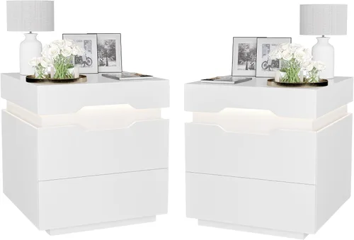 YESHOMY Mesita de noche con luz LED y estación de carga, mesa auxiliar con 2 cajones, mesita de noche con gran capacidad, para dormitorio, juego de